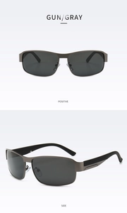 Classic men's polarized gunmetal sunglasses with gray lenses in positive and side views