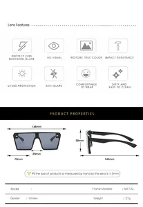 Detailed sizing chart and technical specifications for rimless flat top sunglasses