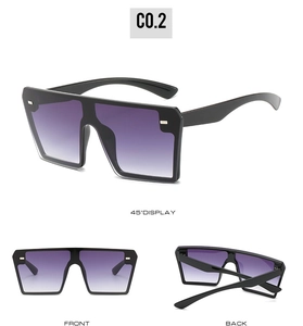 Detailed multi-angle views of square rimless sunglasses with purple gradient lenses