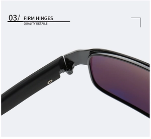 Detail view of durable metal hinges and polarized lenses on classic black sunglasses