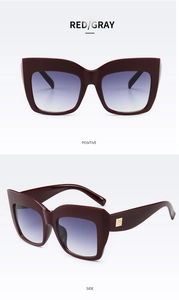 Front and side views of chunky burgundy square sunglasses with gradient tinted lenses