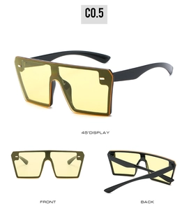 Detailed views of rimless shield sunglasses with yellow lenses and rivet accents