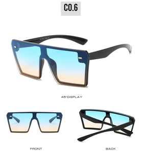 Three perspectives of frameless square sunglasses with blue-orange gradient lenses