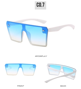 Three-way view of white rimless oversized sunglasses with blue gradient lenses