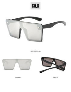 Three perspectives of rimless square sunglasses with silver mirror lenses and black frame