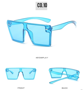 Three-view display of blue transparent square sunglasses showing front and side angles