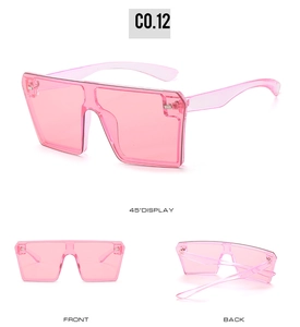 Detailed views of pink rimless square sunglasses with integrated gradient lenses and studs