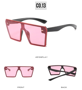 Detailed multi-angle views of oversized pink rimless sunglasses with black frames