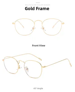 Detailansicht der goldenen Metallbrille in polygonaler Form von vorne und in 45-Grad-Winkel