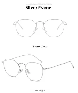Detailansicht der Vorderseite und des 45-Grad-Winkels der silbernen Polygon-Metallbrille