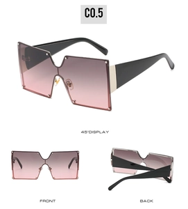 Three perspectives showing gradient pink lenses and black temples of oversized sunglasses