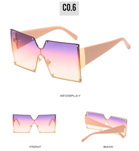 Three-angle view of oversized square sunglasses with gradient lenses and beige frames