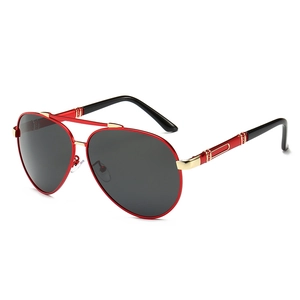 Classic polarized aviator sunglasses with red metal frames and dark grey lenses