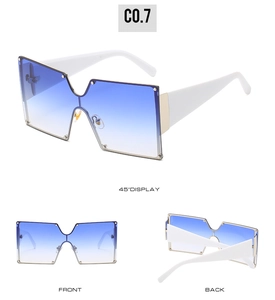 Detailed three-view shots of square gradient oversized sunglasses with white frames