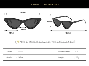 Spécifications de taille des lunettes de soleil œil de chat noir avec dimensions PC