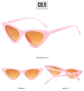 Trois angles de lunettes de soleil œil-de-chat roses avec verres orange, vues de détails