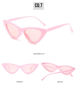 Lunettes de soleil œil-de-chat roses vues de face, de profil à 45° et repliées au dos