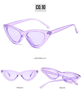 Vue en trois angles de lunettes de soleil œil de chat violet transparent de face, dos et 45 degrés