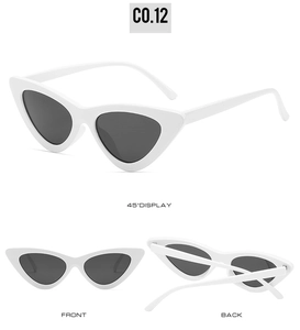 Trois angles de vue de lunettes de soleil œil-de-chat blanches avec verres foncés C0.12