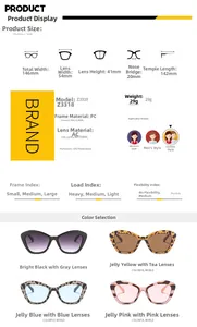 Detailed size chart and specifications for cat-eye sunglasses including multi-color options