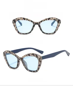 Detailed front and 45-degree angle views of leopard print cat-eye sunglasses with blue lenses