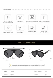 Detailed size chart and UV400 protection features for oversized pilot sunglasses