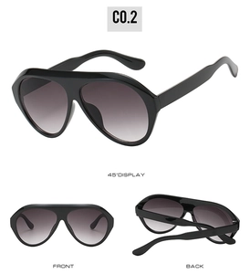 Three-view layout of large-frame sunglasses featuring black glossy frames and purple gradient lenses