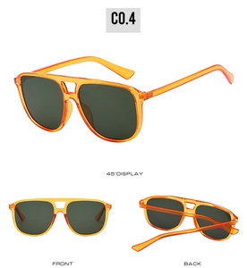 Vue sous trois angles de lunettes de soleil carrées orange à double pont tendance