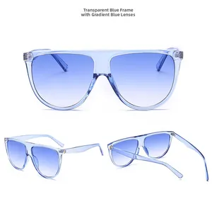 Lunettes de soleil oversize à dessus plat avec monture bleue et verres dégradés