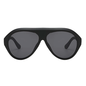 Fashionable oversized shield sunglasses with matte black frames and dark grey lenses