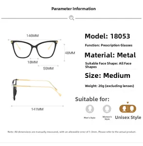Detaillierte technische Spezifikationen und Maße der Cat-Eye-Brille mit Metallbügeln