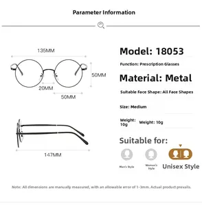 Tableau des tailles détaillé pour lunettes rondes rétro en métal avec dimensions et poids