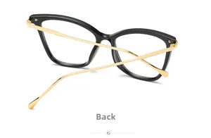 Rückansicht der Cat-Eye-Brillenfassung mit goldenen Metallbügeln und schwarzem Finish