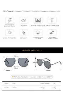 Detailed size chart for aviator sunglasses with frame dimensions and UV400 features