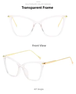 Detailansichten der transparenten Cat-Eye-Brille mit eleganten goldenen Metallbügeln
