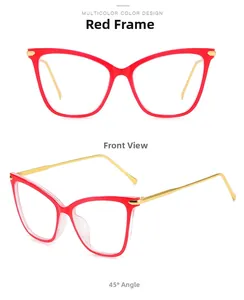 Rote Cat-Eye-Brille mit goldenen Metallbügeln, Frontansicht und 45-Grad-Seitenansicht