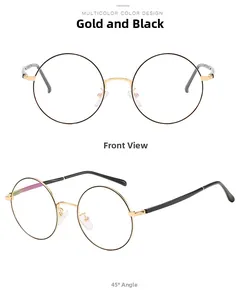 Vues de face et à 45 degrés de la monture optique ronde rétro en métal doré et noir