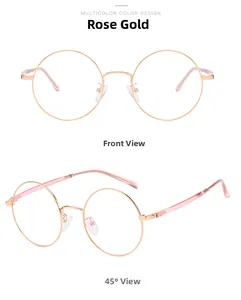 Vue de face et de profil de lunettes rondes en métal or rose avec embouts de branches roses