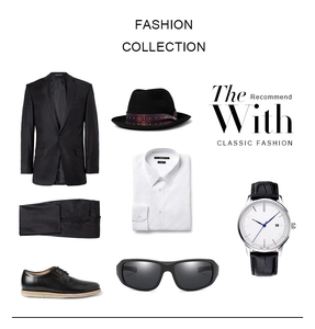 Classic men's formal wear set featuring black suit, white shirt, fedora, and sport sunglasses