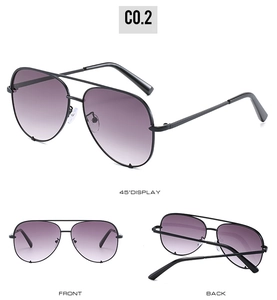 Three views of aviator sunglasses with black metal frame and purple gradient lenses