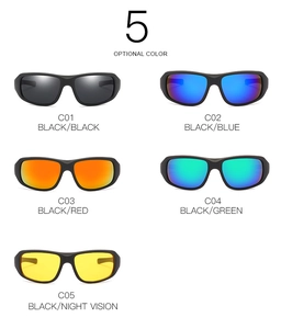 Detailed display of sports cycling sunglasses with 5 optional lens colors and black frames