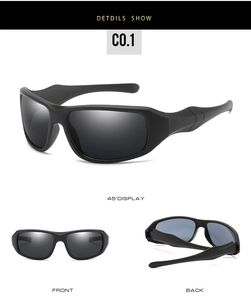 Detail view of matte black sports cycling sunglasses with ergonomic frame and polarized lens