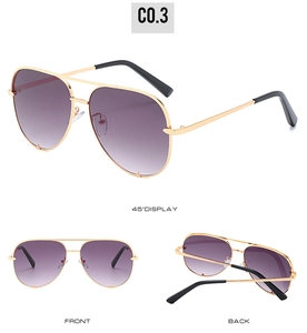 Detailed multi-angle views of aviator sunglasses with gold frames and purple gradient lenses