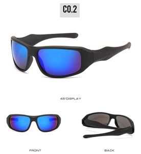 Three views of black sports sunglasses with blue reflective lenses showing 45-degree and front angles