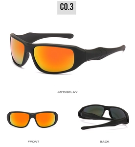 Detailed views of matte black cycling sunglasses with orange-red reflective lenses
