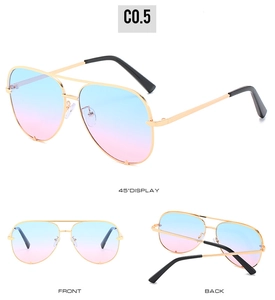 Golden metal aviator sunglasses featuring blue and pink gradient lenses from multiple angles
