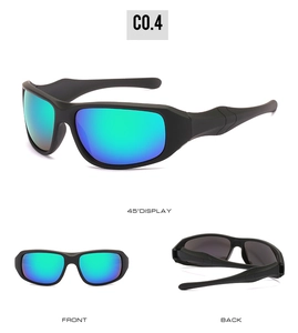 Three-view display of sports cycling sunglasses with green-blue mirrored lenses and matte frame