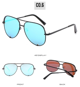 Three views of aviator sunglasses with black metal frames and blue mirrored lenses