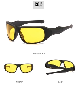 Three-view display of black cycling glasses with yellow lenses for sports and outdoors