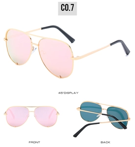 Three perspectives of pilot sunglasses with gold metal frames and pink lenses
